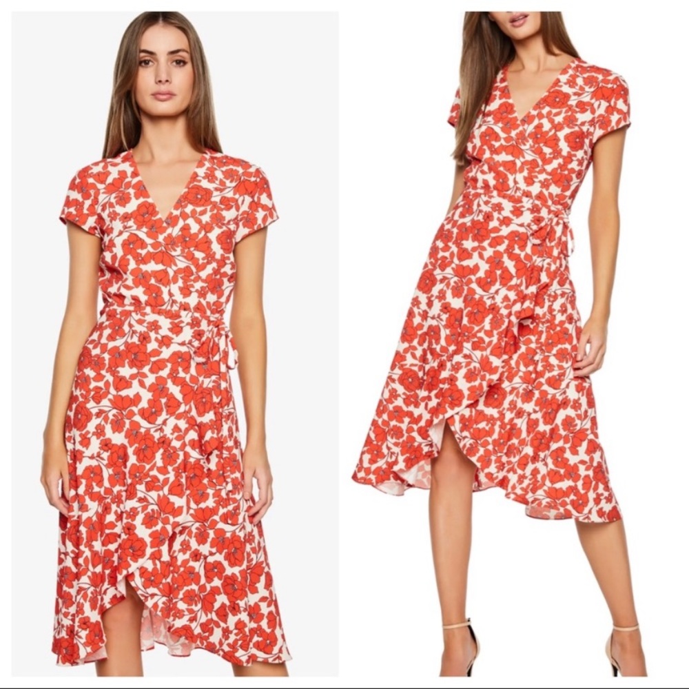 NWT Bardot Fiesta Red Floral Faux Wrap Dress